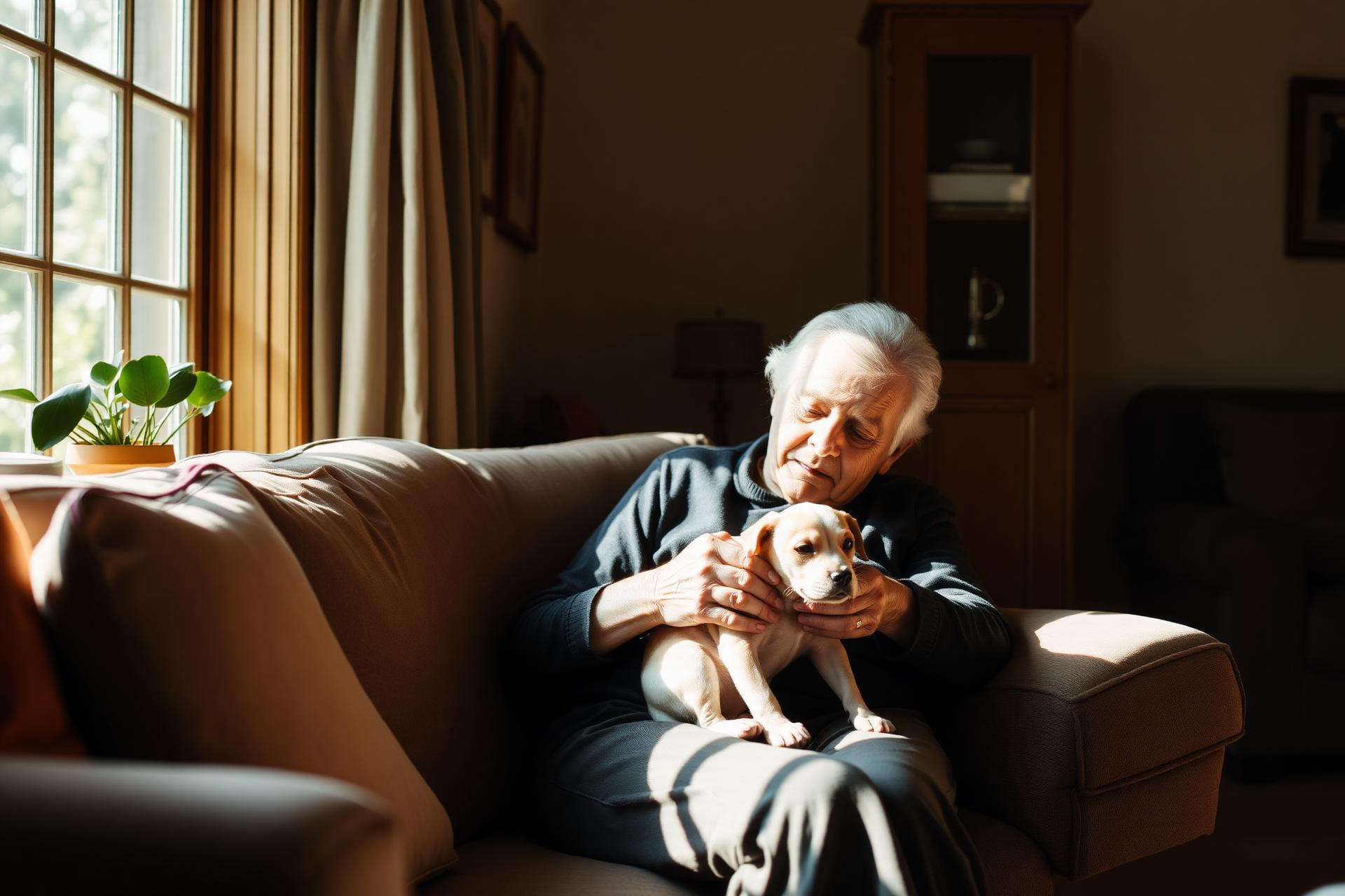 Older adult sitting in a sunlit living room gently petting a small dog