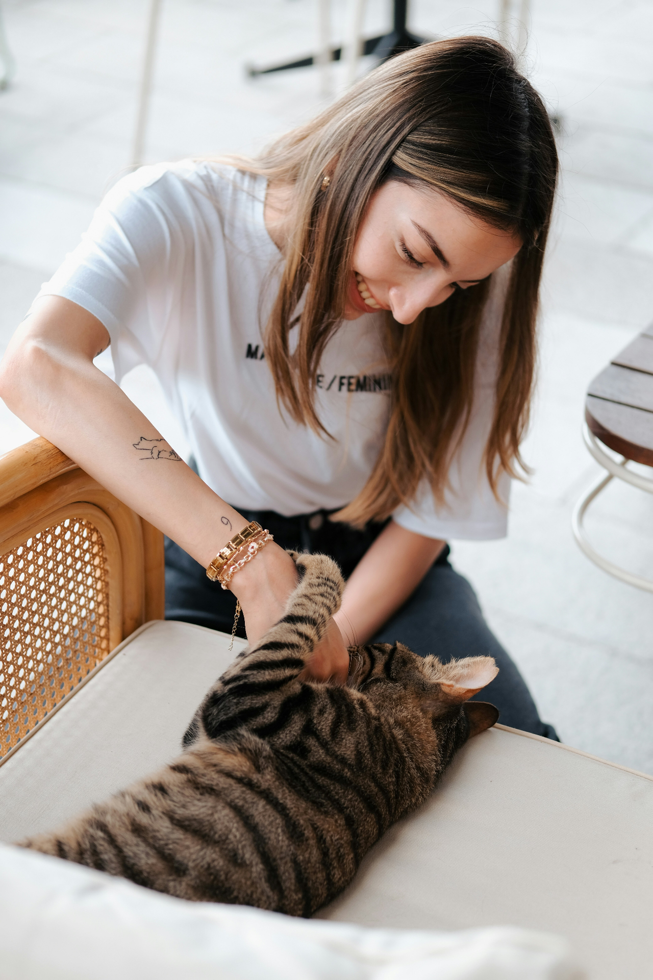 Woman gently petting a tabby cat at home