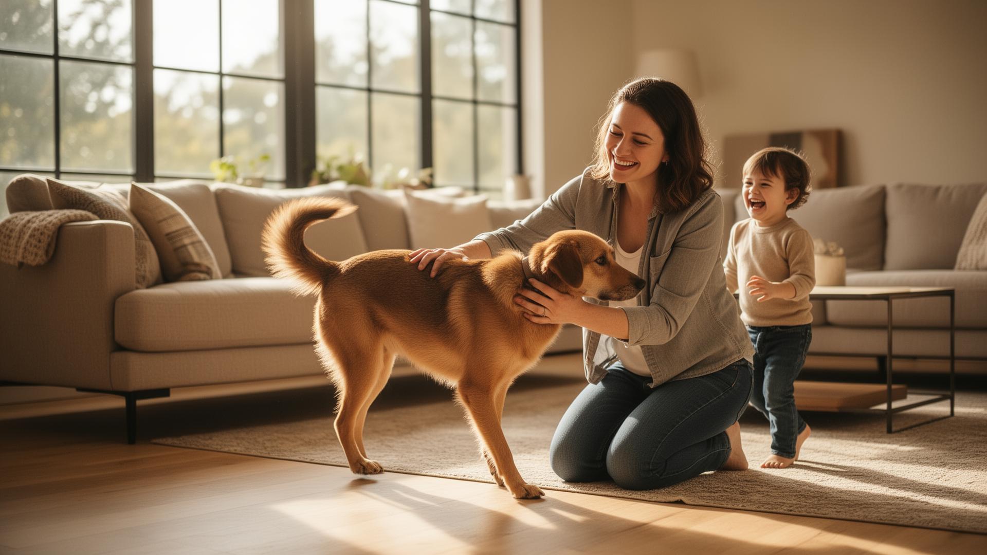 Family welcoming a newly adopted dog into their sunlit home