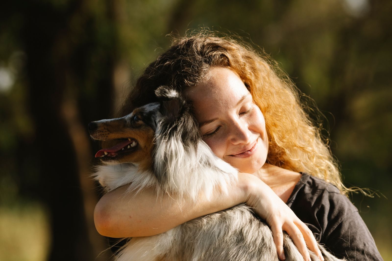 A smiling young woman hugging a fluffy Shetland Sheepdog in warm evening light